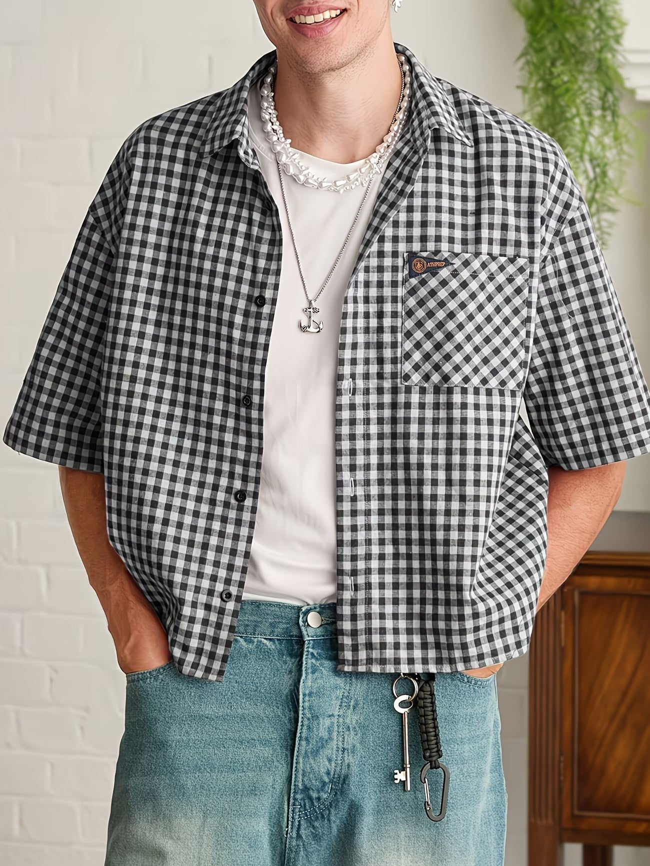 Men's Button-Down Shirt with Gingham Pattern