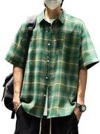 Men's Short Sleeve Button-Down Shirt with Plaid Pattern
