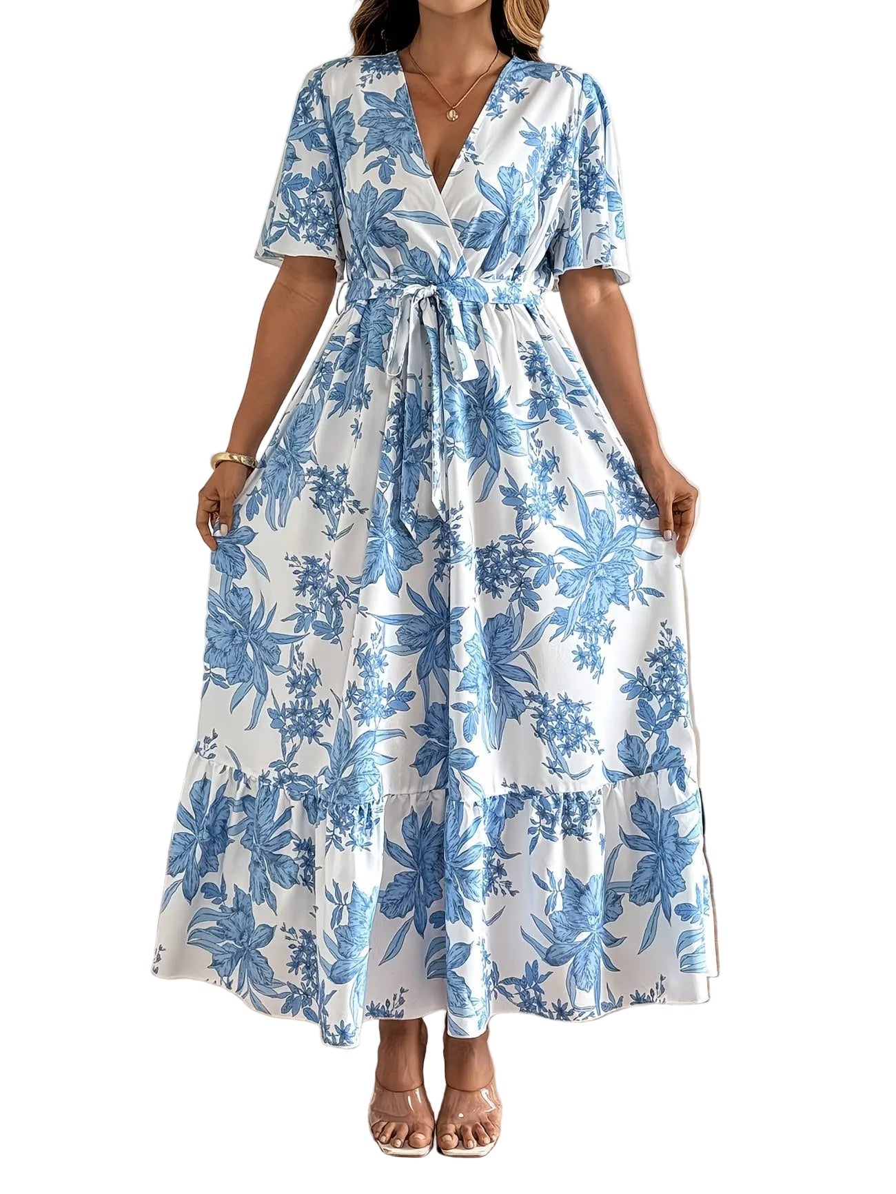 Women's Botanical Wrap Maxi Dress with Ruffled Hem