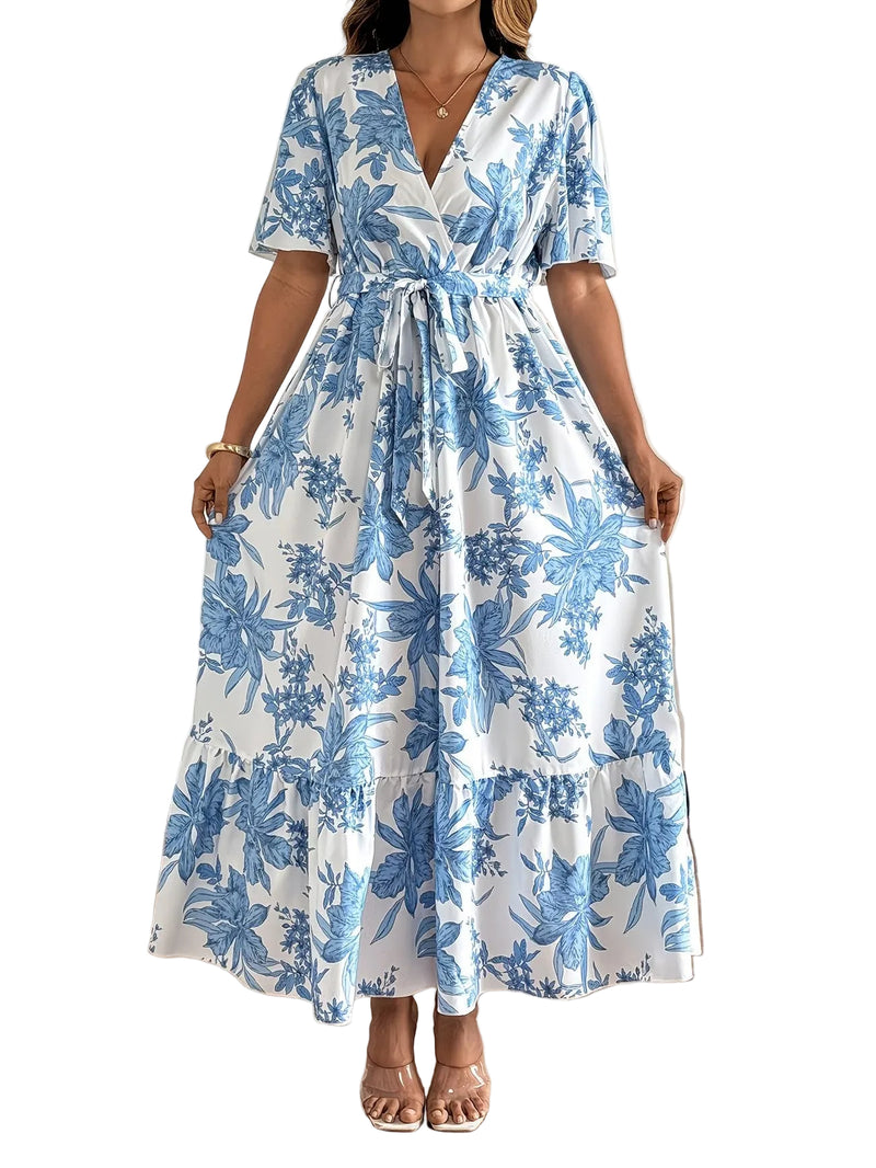 Women's Botanical Wrap Maxi Dress with Ruffled Hem
