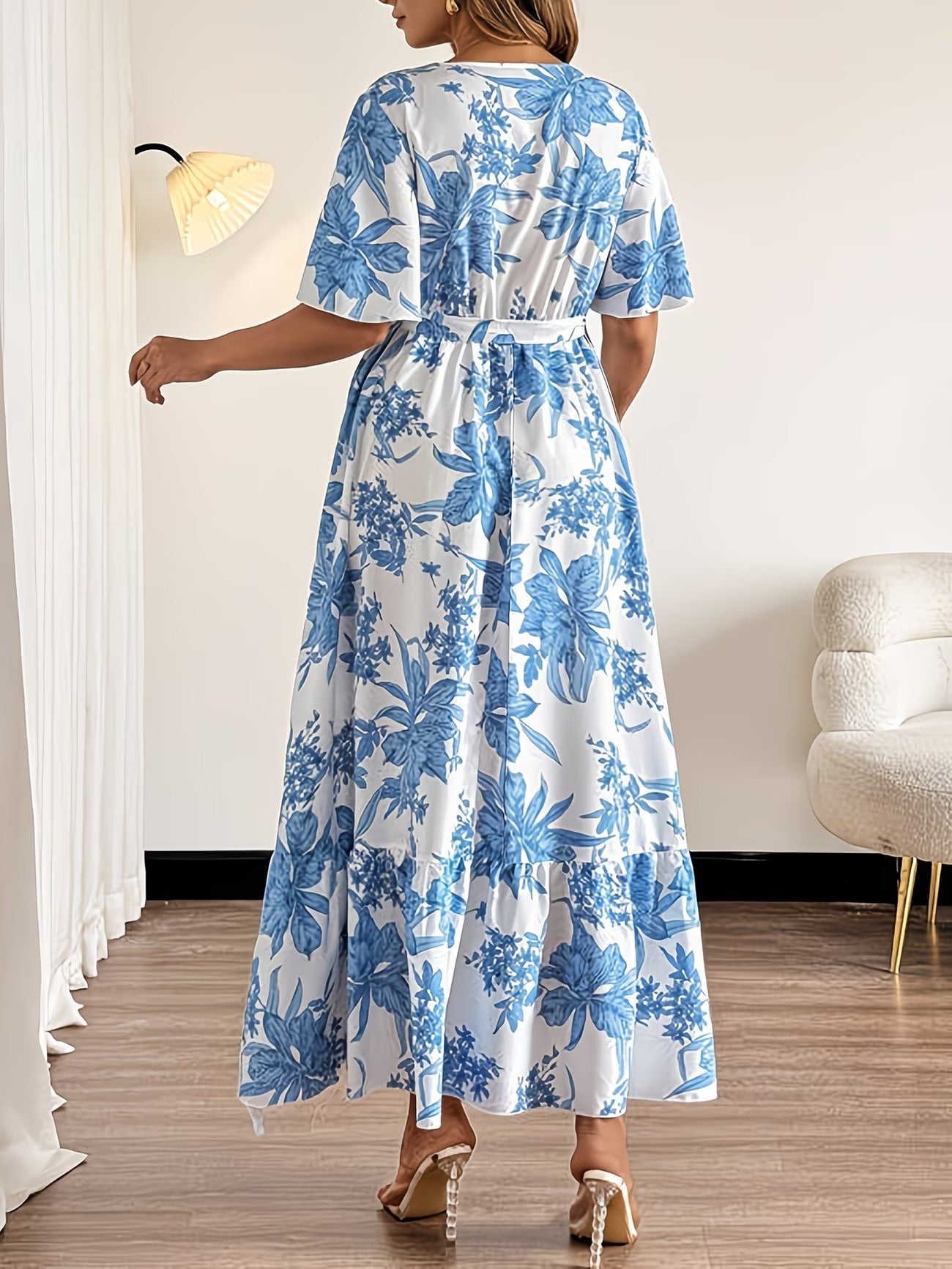 Women's Botanical Wrap Maxi Dress with Ruffled Hem