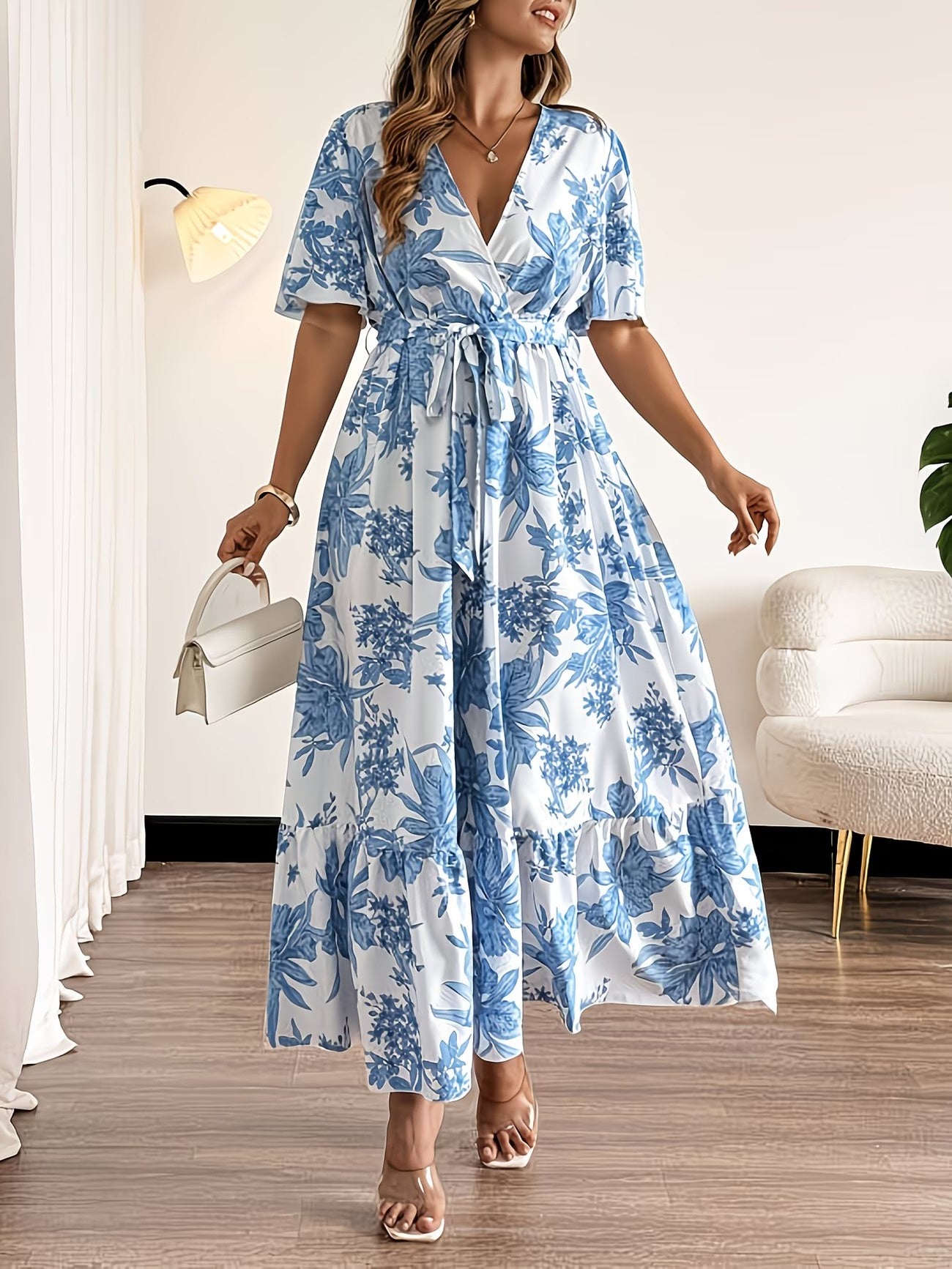 Women's Botanical Wrap Maxi Dress with Ruffled Hem