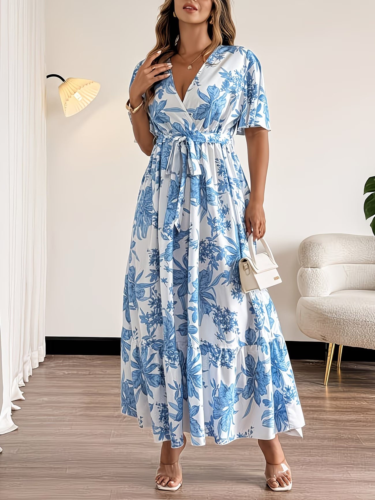 Women's Botanical Wrap Maxi Dress with Ruffled Hem