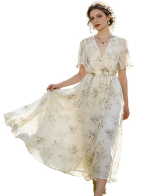 Women's Floral Wrap Midi Dress with Tie Waist